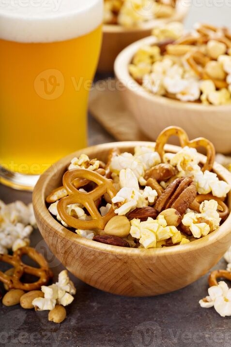 Popcorn and Pretzels with beer